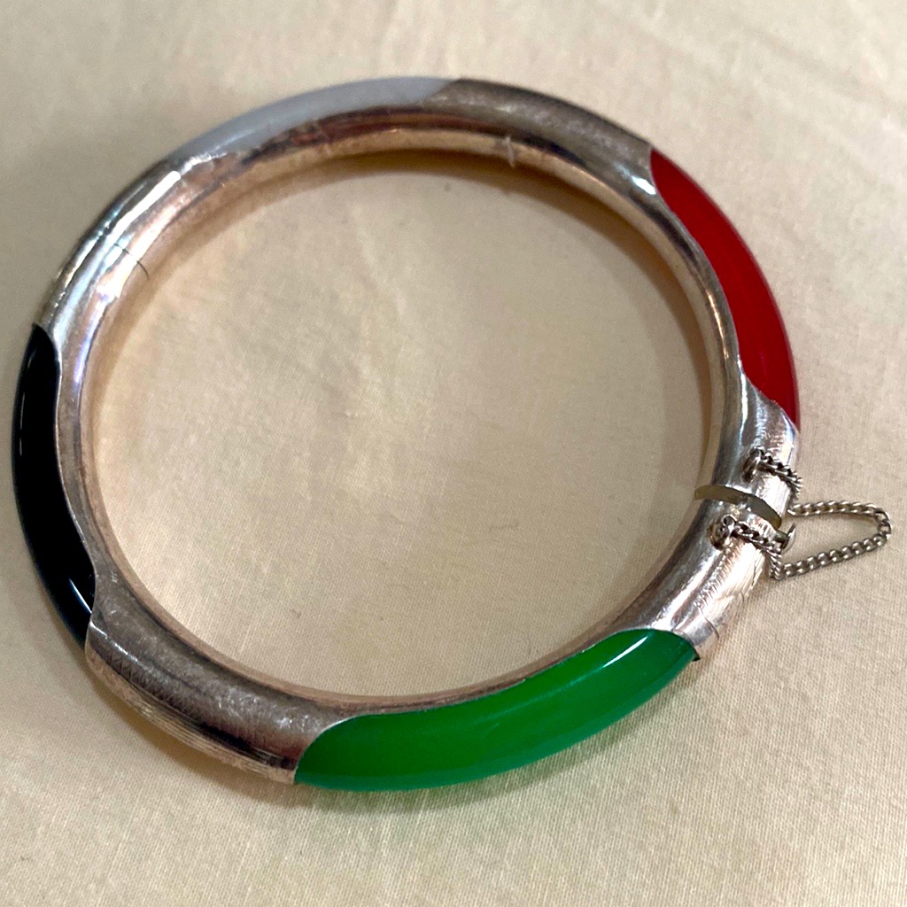 Sterling 925 Silver Red, Green Jade,Light Green Jade, Black Onyx Bangle Bracelet